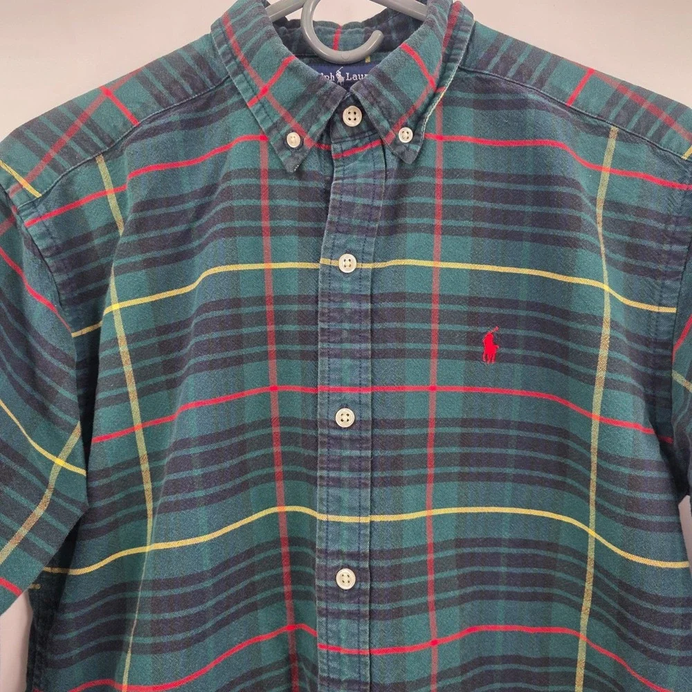 VINTAGE 90S RALPH LAUREN PLAID BUTTON DOWN BOYS XL GREEN RED PREPPY PONY HOLIDAY
